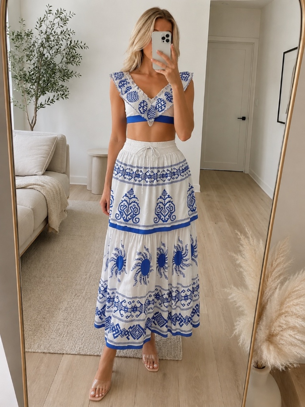 NWT Tiered Maxi Skirt Outfit Blue White Large